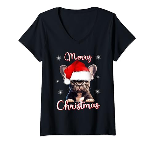Christmas Frenchie Puppy Dog French Bulldog Santa Damen T-Shirt mit V-Ausschnitt Schwarz Small Winter von Christmas Frenchie Puppy Dog French Bulldog Santa