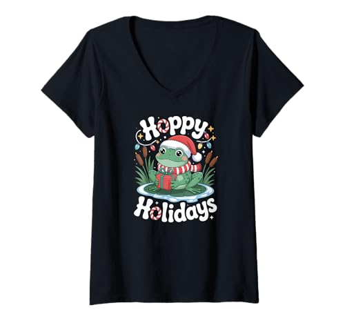 Damen Hoppy Holidays Lustiger Frosch Weihnachten Wortspiel T-Shirt mit V-Ausschnitt Damen Hoppy Holidays Lustiger Frosch Weihnachten Wortspiel T-Shirt mit V-Ausschnitt von Christmas Frog Pun Apparel Gifts by Anastasia
