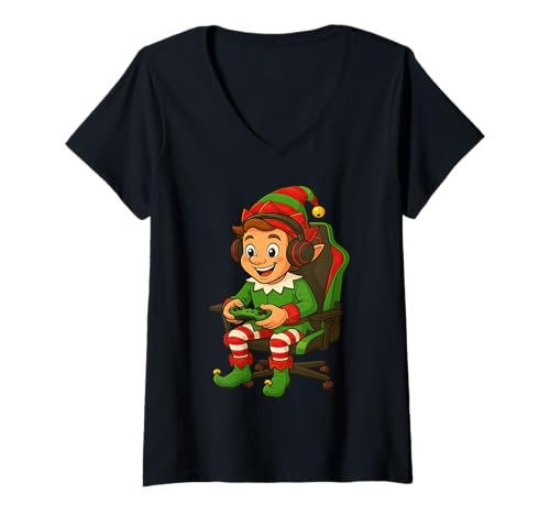 Damen Gamer Christmas Elf Gaming Videospiel Jungen Mädchen T-Shirt mit V-Ausschnitt von Christmas Gamers Video Game Fans