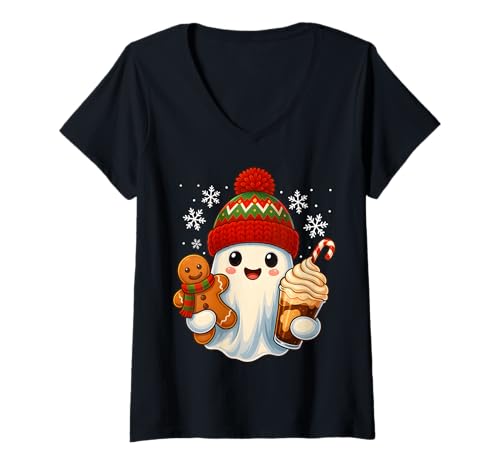 Damen Niedlicher Weihnachtsgeist Lebkuchen, Kaffee, Urlaub, Winter T-Shirt mit V-Ausschnitt Damen Niedlicher Weihnachtsgeist Lebkuchen, Kaffee, Urlaub, Winter T-Shirt mit V-Ausschnitt von Christmas Ghost Holiday Gingerbread Coffee