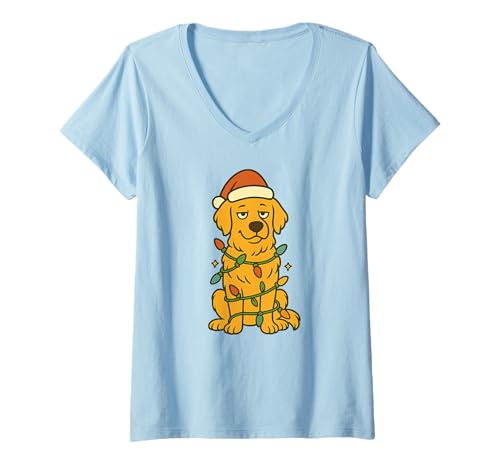 Damen Niedliche Weihnachtslichter im Cartoon-Stil mit Golden Retriever T-Shirt mit V-Ausschnitt Damen Niedliche Weihnachtslichter im Cartoon-Stil mit Golden Retriever T-Shirt mit V-Ausschnitt von Christmas Golden Retrievers