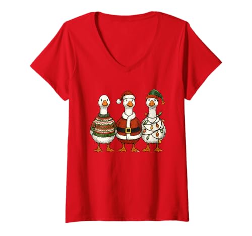 Damen Christmas Goose Santa Retro Holiday Ugly Sweater Gänse T-Shirt mit V-Ausschnitt von Christmas Goose T-Shirt Co.