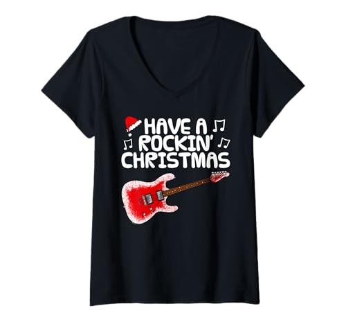 Damen Rockige Weihnachten, E-Gitarre T-Shirt mit V-Ausschnitt von Christmas Guitar Teacher Guitarist By DoodleRob