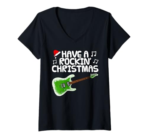 Damen Weihnachts-E-Gitarrenlehrer-Gitarrist (Grün) T-Shirt mit V-Ausschnitt von Christmas Guitar Teacher Guitarist By DoodleRob