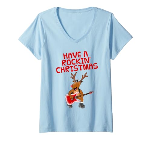 Damen Weihnachtsgitarrist, Rentier-E-Gitarrenmusiker T-Shirt mit V-Ausschnitt Damen Weihnachtsgitarrist, Rentier-E-Gitarrenmusiker T-Shirt mit V-Ausschnitt von Christmas Guitarist Guitar Teacher By DoodleRob