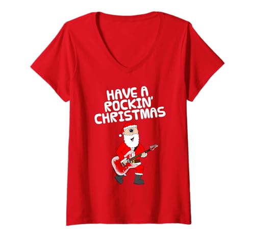 Damen Weihnachtsgitarrist, Santa E-Gitarre T-Shirt mit V-Ausschnitt Damen Weihnachtsgitarrist, Santa E-Gitarre T-Shirt mit V-Ausschnitt von Christmas Guitarist Guitar Teacher By DoodleRob