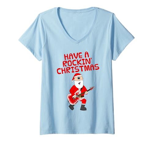 Damen Weihnachtsgitarrist, Santa E-Gitarre T-Shirt mit V-Ausschnitt Damen Weihnachtsgitarrist, Santa E-Gitarre T-Shirt mit V-Ausschnitt von Christmas Guitarist Guitar Teacher By DoodleRob