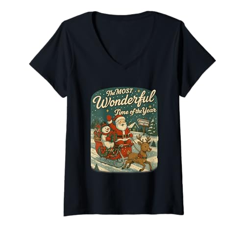 Damen Die schönste Zeit des Jahres T-Shirt mit V-Ausschnitt Damen Die schönste Zeit des Jahres T-Shirt mit V-Ausschnitt von Christmas Holiday Cheer Santa Sleigh Ride