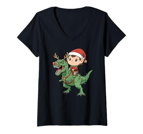 Damen Junge Elfe reitet T-Rex Lustiger Weihnachtsdinosaurier T-Shirt mit V-Ausschnitt Damen Junge Elfe reitet T-Rex Lustiger Weihnachtsdinosaurier T-Shirt mit V-Ausschnitt von Christmas Holiday Co.