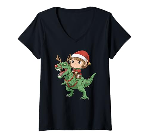 Damen Mädchen Elfe reitet T-Rex Lustiger Weihnachtsdinosaurier T-Shirt mit V-Ausschnitt Damen Mädchen Elfe reitet T-Rex Lustiger Weihnachtsdinosaurier T-Shirt mit V-Ausschnitt von Christmas Holiday Co.