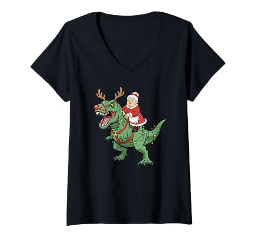 Damen Mrs. Claus Riding T-Rex Lustiger Weihnachtsdinosaurier T-Shirt mit V-Ausschnitt von Christmas Holiday Co.