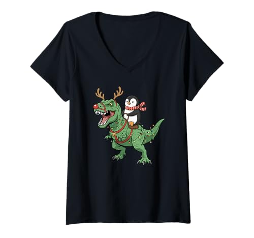Damen Pinguin reitender T-Rex, lustiger Weihnachtsdinosaurier T-Shirt mit V-Ausschnitt Damen Pinguin reitender T-Rex, lustiger Weihnachtsdinosaurier T-Shirt mit V-Ausschnitt von Christmas Holiday Co.