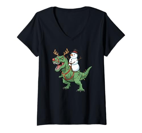 Damen Schneemann reitet T-Rex Lustiger Weihnachtsdinosaurier T-Shirt mit V-Ausschnitt Damen Schneemann reitet T-Rex Lustiger Weihnachtsdinosaurier T-Shirt mit V-Ausschnitt von Christmas Holiday Co.