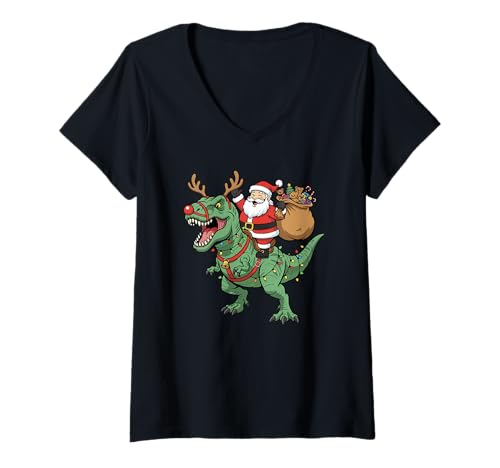 Damen Weihnachtsmann reitet T-Rex Lustiger Weihnachtsdinosaurier T-Shirt mit V-Ausschnitt von Christmas Holiday Co.