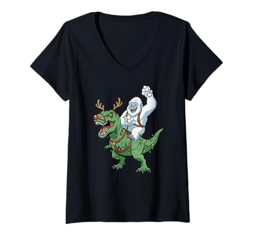 Damen Yeti Riding T-Rex Lustiger Weihnachtsdinosaurier T-Shirt mit V-Ausschnitt von Christmas Holiday Co.