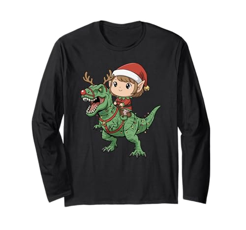 Mädchen Elfe reitet T-Rex Lustiger Weihnachtsdinosaurier Langarmshirt von Christmas Holiday Co.
