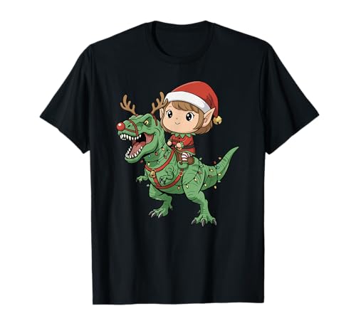 Mädchen Elfe reitet T-Rex Lustiger Weihnachtsdinosaurier T-Shirt von Christmas Holiday Co.