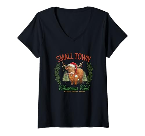 Damen Small Town Christmas Club Kuh Weihnachten T-Shirt mit V-Ausschnitt Damen Small Town Christmas Club Kuh Weihnachten T-Shirt mit V-Ausschnitt von Christmas Holiday Gifts and Designs