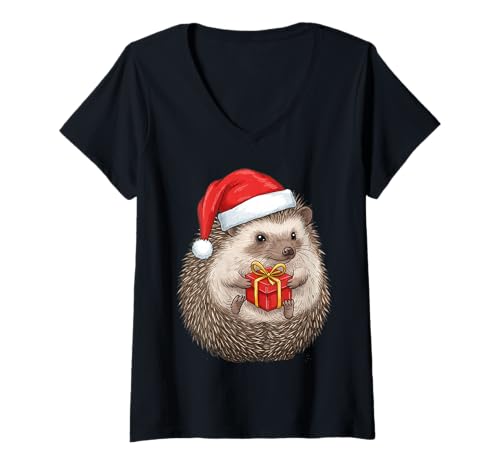 Damen Gemütlicher festlicher Igel Weihnachten T-Shirt mit V-Ausschnitt von Christmas Holliday Apparel