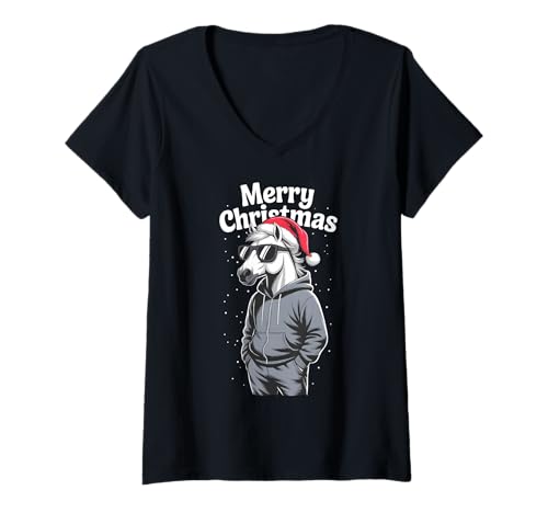 Damen Weihnachtspferd Weihnachtsmann Hund T-Shirt mit V-Ausschnitt von Christmas Horse Santa Pajamas