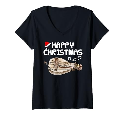 Damen Drehleier-Weihnachtsvolksmusiker T-Shirt mit V-Ausschnitt Damen Drehleier-Weihnachtsvolksmusiker T-Shirt mit V-Ausschnitt von Christmas Hurdy Gurdy Player Musician By DoodleRob