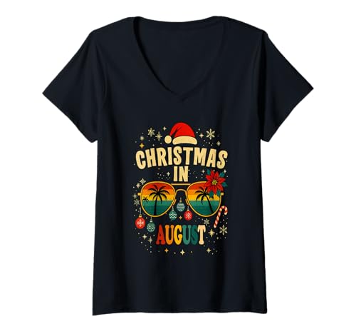 Damen Nikolausmütze Herren Damen Kind T-Shirt mit V-Ausschnitt Damen Nikolausmütze Herren Damen Kind T-Shirt mit V-Ausschnitt von Christmas In August Sunglasses Beach