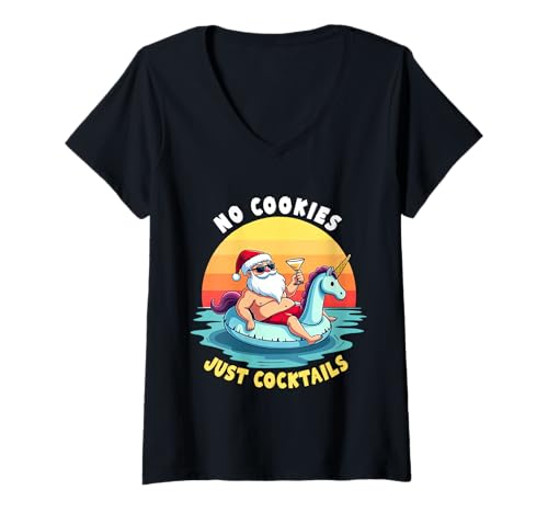 Damen No Cookies Just Cocktails Santa Beach Trip Christmas In Juli T-Shirt mit V-Ausschnitt Damen No Cookies Just Cocktails Santa Beach Trip Christmas In Juli T-Shirt mit V-Ausschnitt von Christmas In July Santa Beach Family Trip Apparel