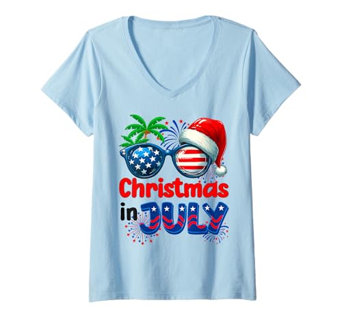 Damen Weihnachten im Juli Sommer Strand Hawaii Santa USA Flagge Herren T-Shirt mit V-Ausschnitt von Christmas In July Summer Beach Hawaii Santa USA T