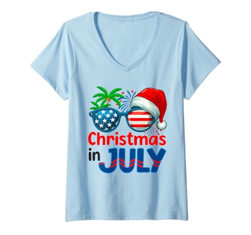 Damen Patriotisches Weihnachten im Juli Shirt USA Sommerurlaub T-Shirt mit V-Ausschnitt Damen Patriotisches Weihnachten im Juli Shirt USA Sommerurlaub T-Shirt mit V-Ausschnitt von Christmas In July Tropical Claus Apparel Co.