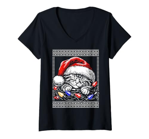 Damen Katze hässliche Pullover, schlafende Katze Weihnachtsbaum Lichter T-Shirt mit V-Ausschnitt von Christmas Kitten Ugly sweater