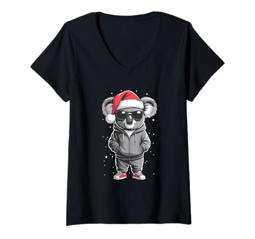 Damen Weihnachtsmann Koala Hund T-Shirt mit V-Ausschnitt Damen Weihnachtsmann Koala Hund T-Shirt mit V-Ausschnitt von Christmas Koala Santa Pajamas