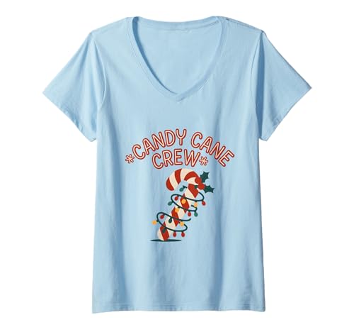 Damen Candy Cane Crew Weihnachtsbeleuchtung Familie Kinder Jungen Mädchen T-Shirt mit V-Ausschnitt von Christmas Matching Family Candy Cane Pajamas