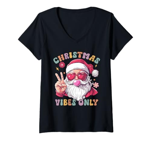 Damen Christmas Vibes Nur fetziger Weihnachts-Hippie-Weihnachtsmann T-Shirt mit V-Ausschnitt von Christmas Matching Family cute outfits