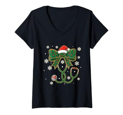 Damen Kokette Schleife Stethoskop Weihnachten Krankenschwester Nikolausmütze Stillen T-Shirt mit V-Ausschnitt Damen Kokette Schleife Stethoskop Weihnachten Krankenschwester Nikolausmütze Stillen T-Shirt mit V-Ausschnitt von Christmas Nurse Coquette Bow Stethoscope