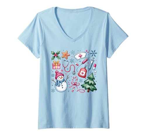 Damen Krankenschwester Weihnachten Männer Frauen Kinder Krankenpflege Crew Cute Xmas Nurse T-Shirt mit V-Ausschnitt von Christmas Nurse Men Women Apparel Clothes Ideas