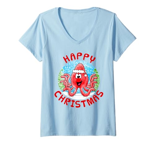 Damen Oktopus Weihnachten Wildlife Lustig T-Shirt mit V-Ausschnitt von Christmas Octopus Wildlife Xmas Kids By DoodleRob