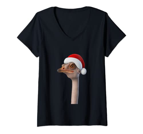Damen Lustige Straußenmütze mit Weihnachtsmannmütze, Tier-Humor T-Shirt mit V-Ausschnitt von Christmas - Ostrich - Animals In Hats - taiche
