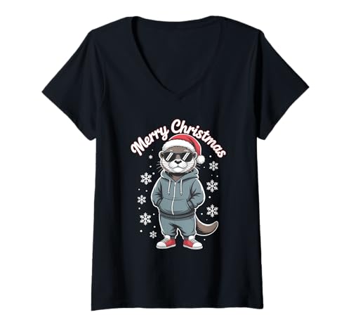 Damen Weihnachtsotter Weihnachtsmann Hund T-Shirt mit V-Ausschnitt Damen Weihnachtsotter Weihnachtsmann Hund T-Shirt mit V-Ausschnitt von Christmas Otter Santa Pajamas