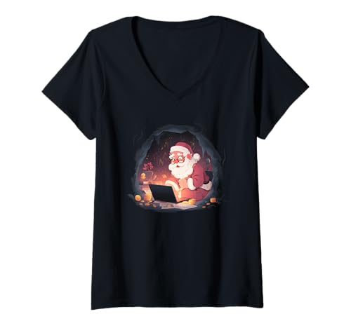 Damen Netter Weihnachtsmann T-Shirt mit V-Ausschnitt von Christmas Outfit
