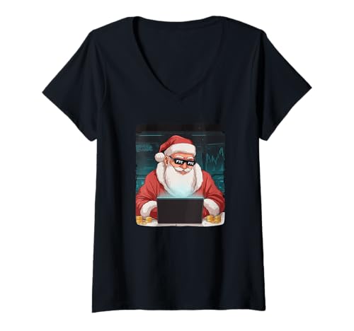 Damen Sonnenbrille Weihnachtsmann mit coolem Geldausweis T-Shirt mit V-Ausschnitt von Christmas Outfit
