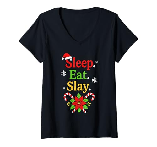 Damen Sleep Eat Slay Funny Holiday Humor Xmas Pyjama T-Shirt mit V-Ausschnitt Damen Sleep Eat Slay Funny Holiday Humor Xmas Pyjama T-Shirt mit V-Ausschnitt von Christmas PJ Holiday Festive Quote Designs