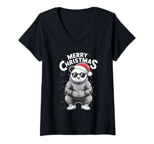 Damen Weihnachtspanda Weihnachtsmann Hund T-Shirt mit V-Ausschnitt von Christmas Panda Santa Pajamas