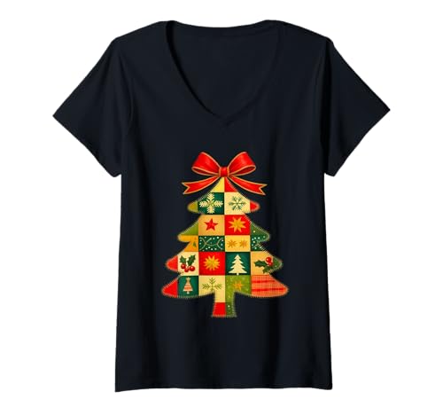 Damen Family Christmas Patchwork Tree Holiday Xmas Vibes Men Women T-Shirt mit V-Ausschnitt von Christmas Patchwork Tree Xmas Family Pajamas Fun
