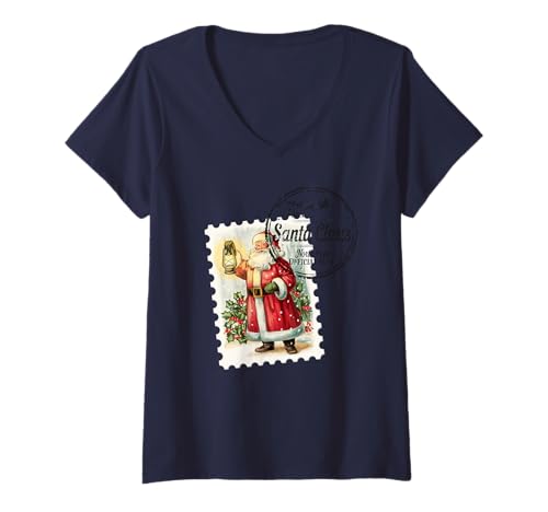 Damen Vintage Weihnachtsmann Philatelist Retro Stempel T-Shirt mit V-Ausschnitt Damen Vintage Weihnachtsmann Philatelist Retro Stempel T-Shirt mit V-Ausschnitt von Christmas Philatelist Apparel