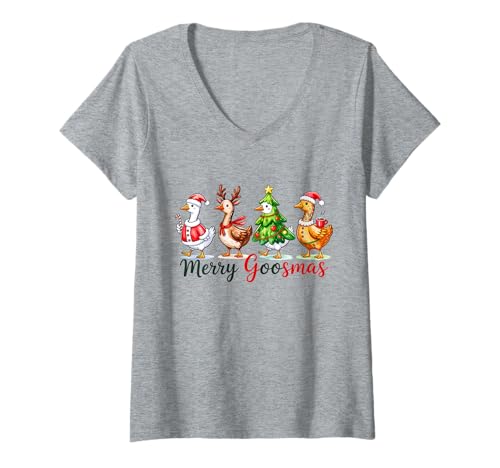 Damen Frohe Weihnachten, Gänse T-Shirt mit V-Ausschnitt Damen Frohe Weihnachten, Gänse T-Shirt mit V-Ausschnitt von Christmas Phiz