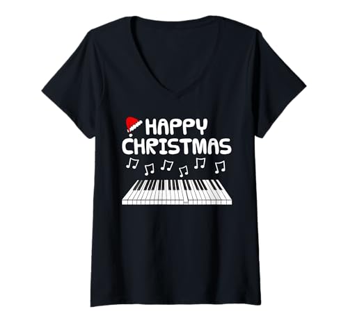 Damen Klavier Weihnachten Pianist Musiker Musiklehrer T-Shirt mit V-Ausschnitt Damen Klavier Weihnachten Pianist Musiker Musiklehrer T-Shirt mit V-Ausschnitt von Christmas Piano Teacher Keyboard By DoodleRob