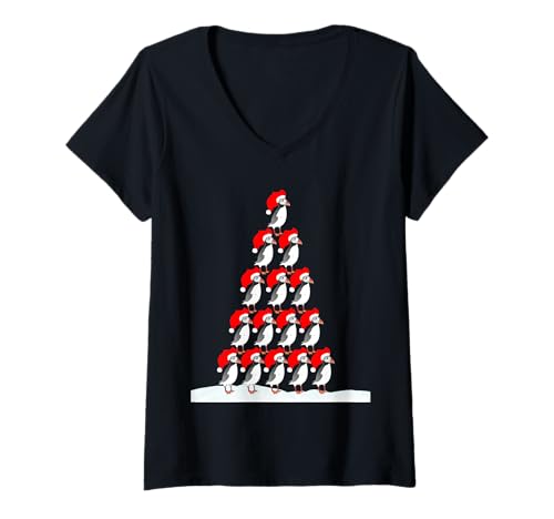 Damen Lustiger Papageientaucher-Weihnachtsbaum auf Schnee-Elfen-Mütze, Weihnachtsvogell T-Shirt mit V-Ausschnitt von Christmas Puffin with elf hat bird lover apparel