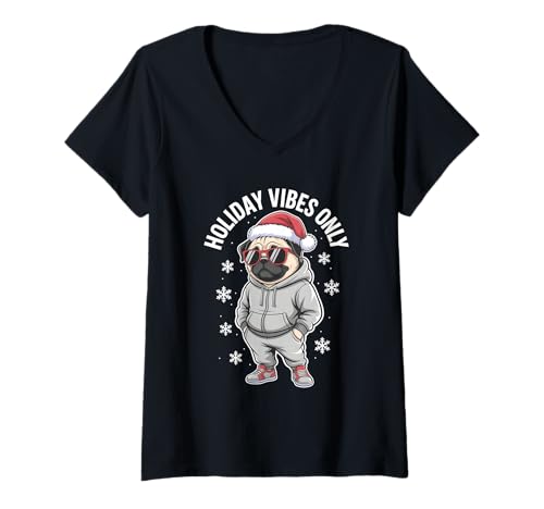 Damen Weihnachtsmops, Weihnachtsmann T-Shirt mit V-Ausschnitt Damen Weihnachtsmops, Weihnachtsmann T-Shirt mit V-Ausschnitt von Christmas Pug Santa Pajamas