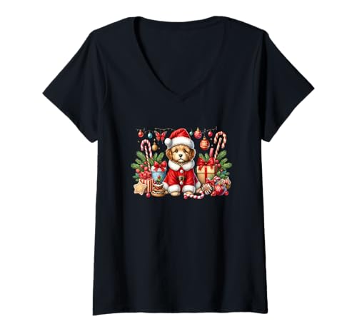 Damen Niedliche Zuckerstangen mit Weihnachtsmann-Welpe T-Shirt mit V-Ausschnitt von Christmas Puppy Holiday Cheer Festive Decor