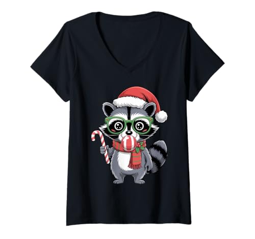 Damen Süßer Weihnachtswaschbär in roter Brille Bubble Herren Damen Kinder T-Shirt mit V-Ausschnitt von Christmas Raccoon Apparel